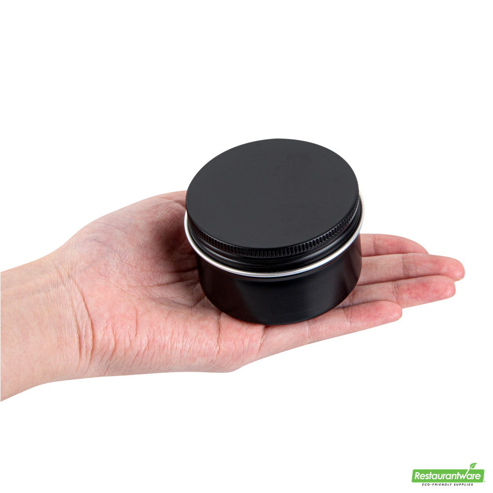 Wholesale Restaurantware RW Base 4 oz Round Black Tin Container - with Screw Lid- Bulk