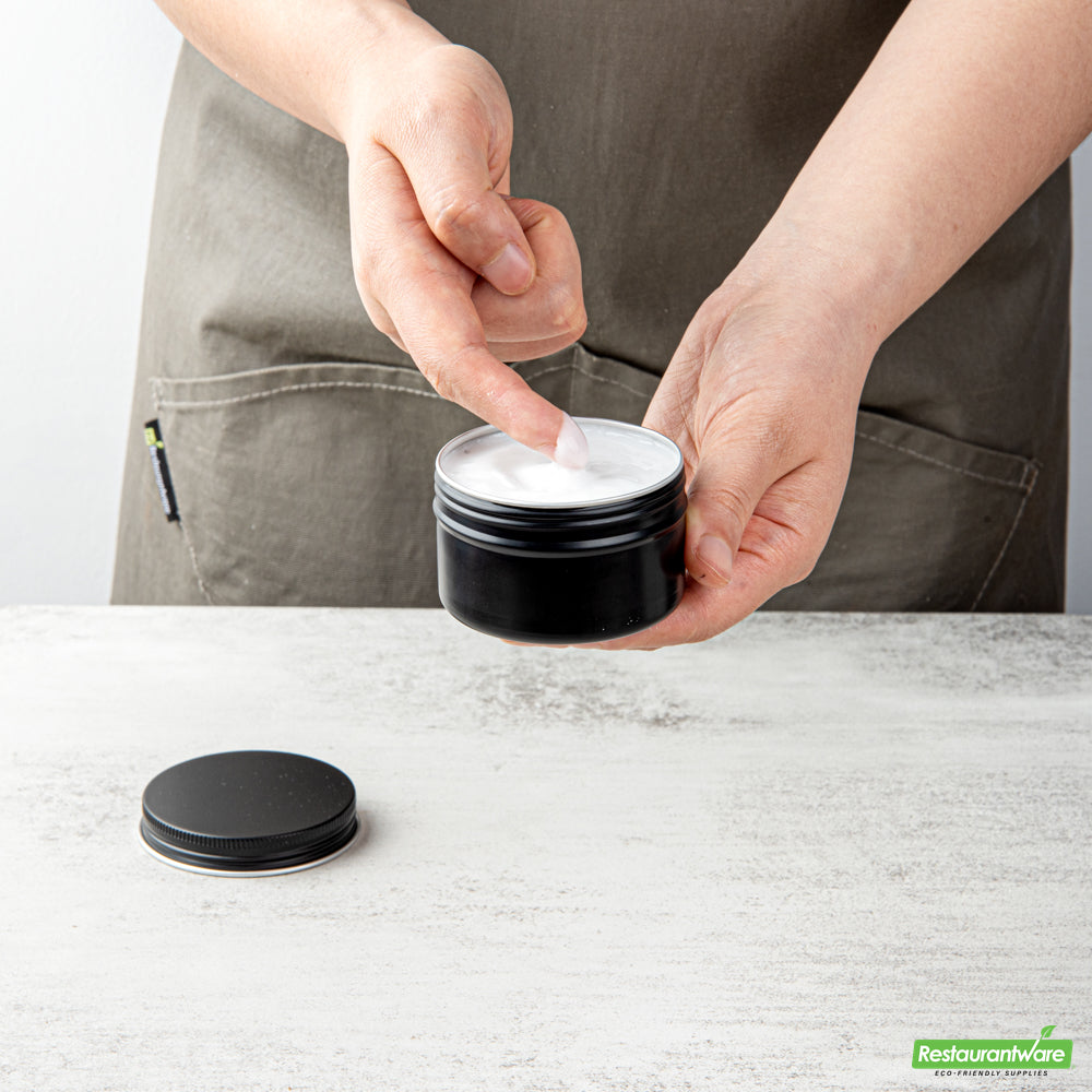 Wholesale Restaurantware RW Base 4 oz Round Black Tin Container - with Screw Lid- Bulk