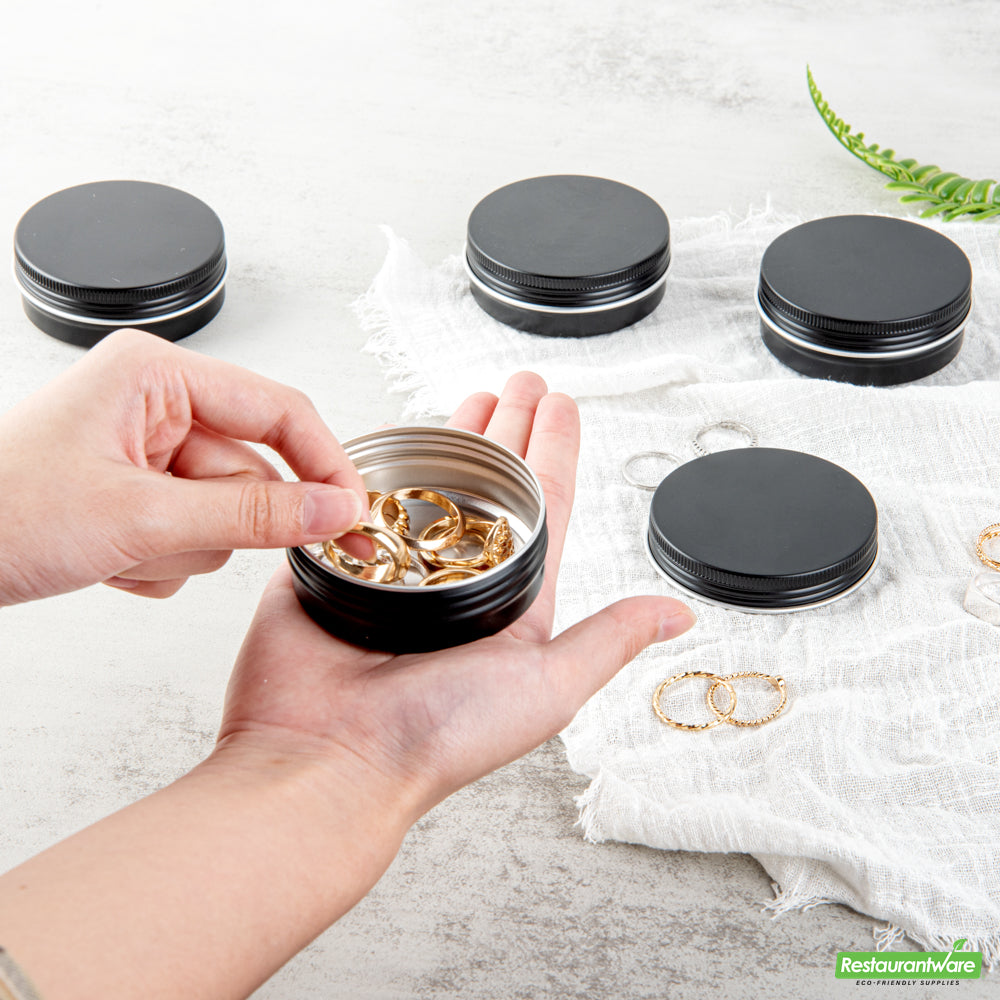 Wholesale Restaurantware 2 Oz Round Black Tin Container - with Screw Lid - 2.7" X 2.7" X 1"- Bulk