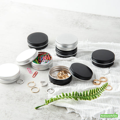 Wholesale Restaurantware 2 Oz Round Black Tin Container - with Screw Lid - 2.7" X 2.7" X 1"- Bulk