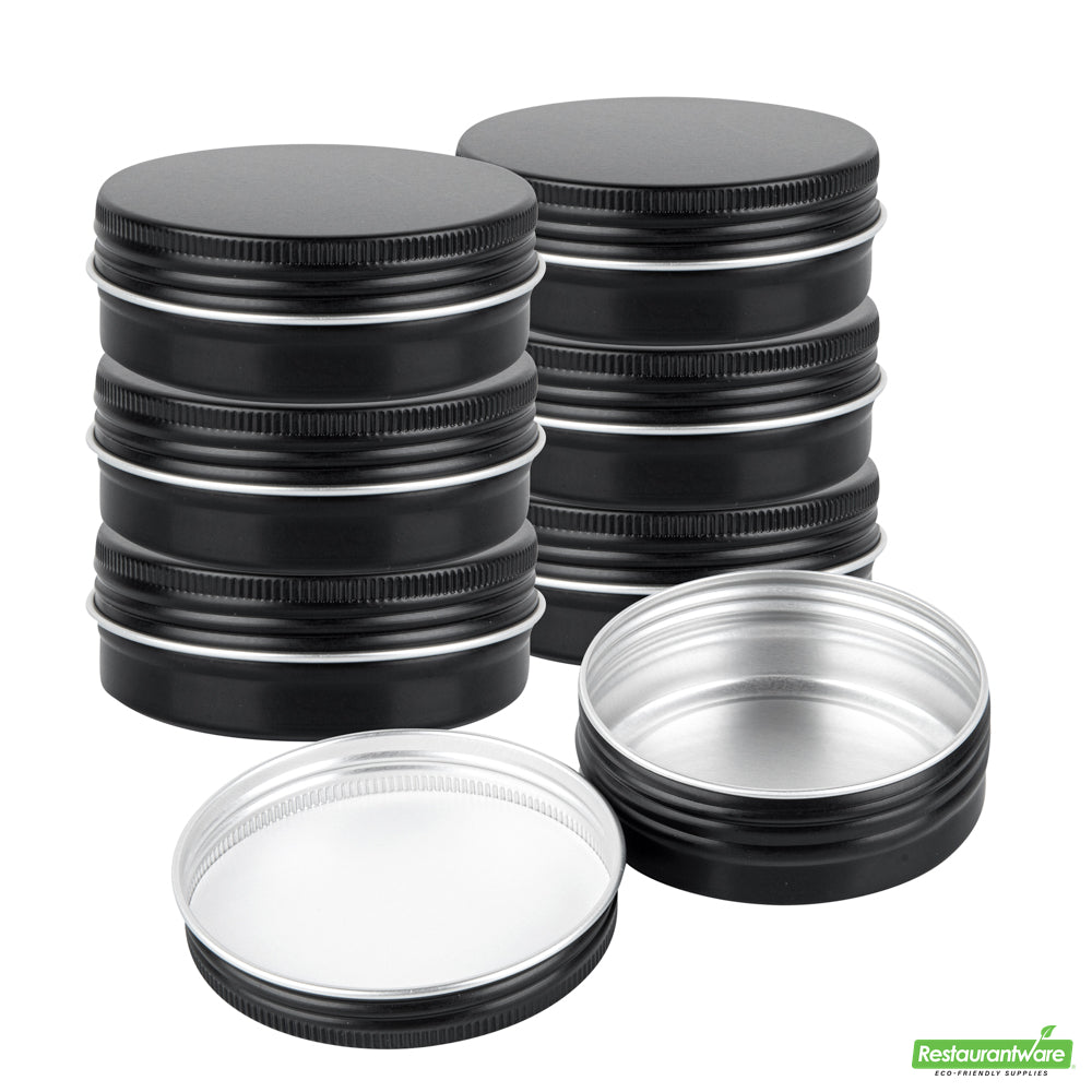 Wholesale Restaurantware 2 Oz Round Black Tin Container - with Screw Lid - 2.7" X 2.7" X 1"- Bulk