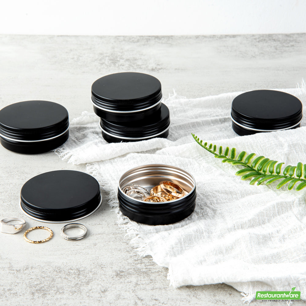 Wholesale Restaurantware 2 Oz Round Black Tin Container - with Screw Lid - 2.7" X 2.7" X 1"- Bulk