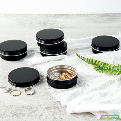 Wholesale Restaurantware 2 Oz Round Black Tin Container - with Screw Lid - 2.7" X 2.7" X 1"- Bulk