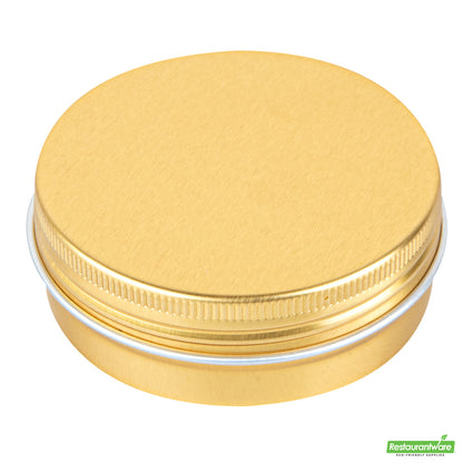 Wholesale Restaurantware 2 Oz Round Gold Tin Container - with Screw Lid - 2.7" X 2.7" X 1"- Bulk