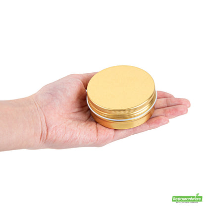 Wholesale Restaurantware 2 Oz Round Gold Tin Container - with Screw Lid - 2.7" X 2.7" X 1"- Bulk