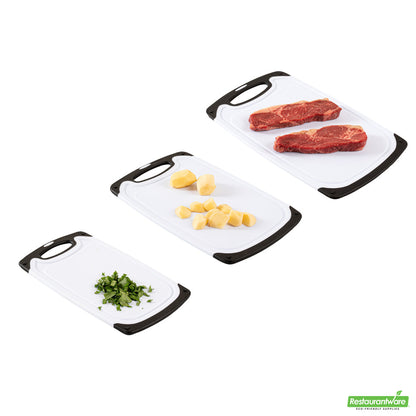 Wholesale Restaurantware Comfy Grip White and Black Plastic Cutting Board Set - Includes 3 Boards, with Juice Groove, Handle- Bulk