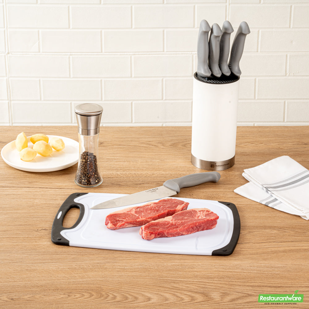 Wholesale Restaurantware Comfy Grip White and Black Plastic Cutting Board Set - Includes 3 Boards, with Juice Groove, Handle- Bulk