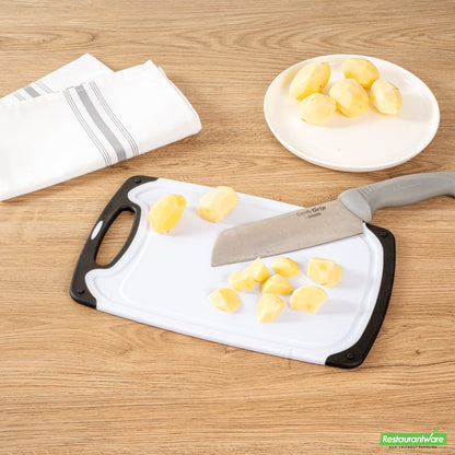 Wholesale Restaurantware Comfy Grip White and Black Plastic Cutting Board Set - Includes 3 Boards, with Juice Groove, Handle- Bulk
