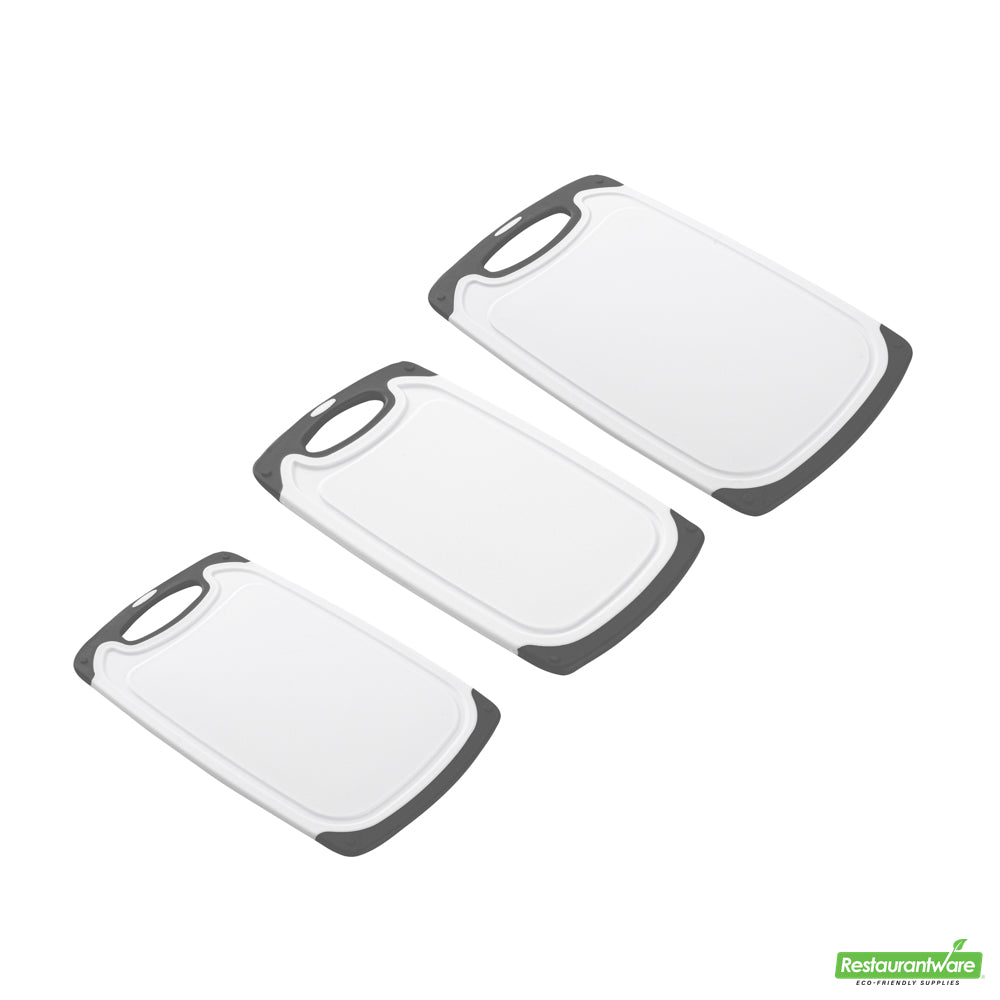 Wholesale Restaurantware Comfy Grip White and Gray Plastic Cutting Board Set - Includes 3 Boards, with Juice Groove, Handle- Bulk