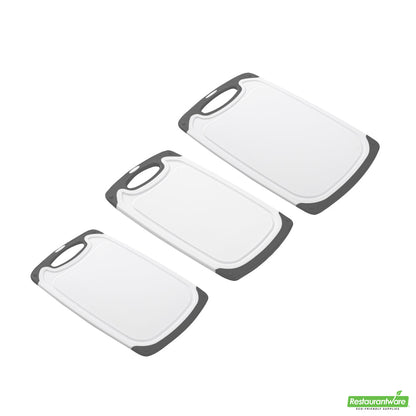 Wholesale Restaurantware Comfy Grip White and Gray Plastic Cutting Board Set - Includes 3 Boards, with Juice Groove, Handle- Bulk