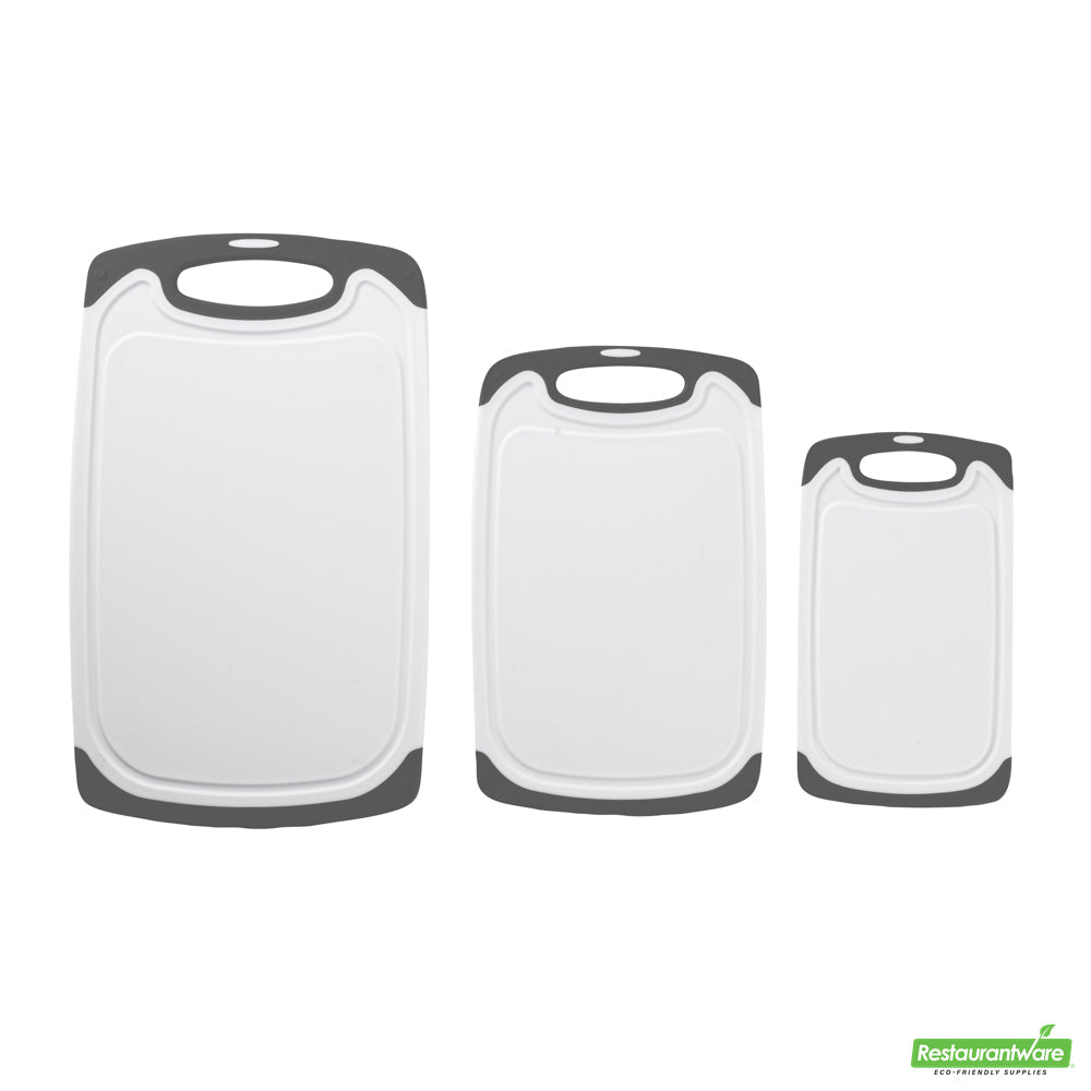 Wholesale Restaurantware Comfy Grip White and Gray Plastic Cutting Board Set - Includes 3 Boards, with Juice Groove, Handle- Bulk