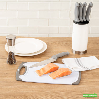 Wholesale Restaurantware Comfy Grip White and Gray Plastic Cutting Board Set - Includes 3 Boards, with Juice Groove, Handle- Bulk