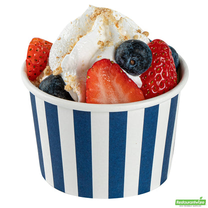 Wholesale Restaurantware 4 Oz Round Blue and White Stripe Paper To Go Cup- Bulk