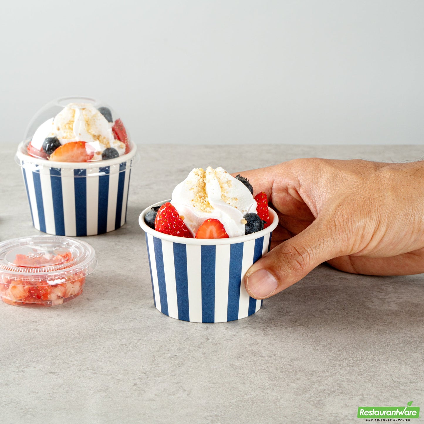 Wholesale Restaurantware 4 Oz Round Blue and White Stripe Paper To Go Cup- Bulk