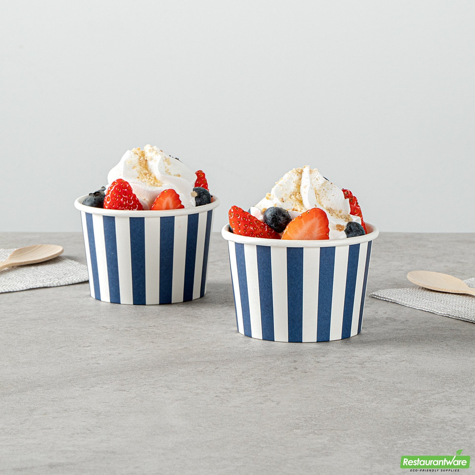 Wholesale Restaurantware 4 Oz Round Blue and White Stripe Paper To Go Cup- Bulk