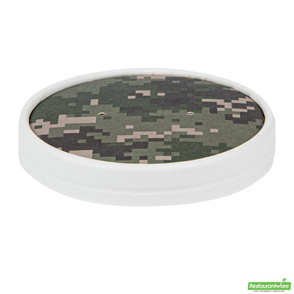 Wholesale Restaurantware Bio Tek Round Camouflage Paper Soup Container Lid - Fits 12 oz- Bulk