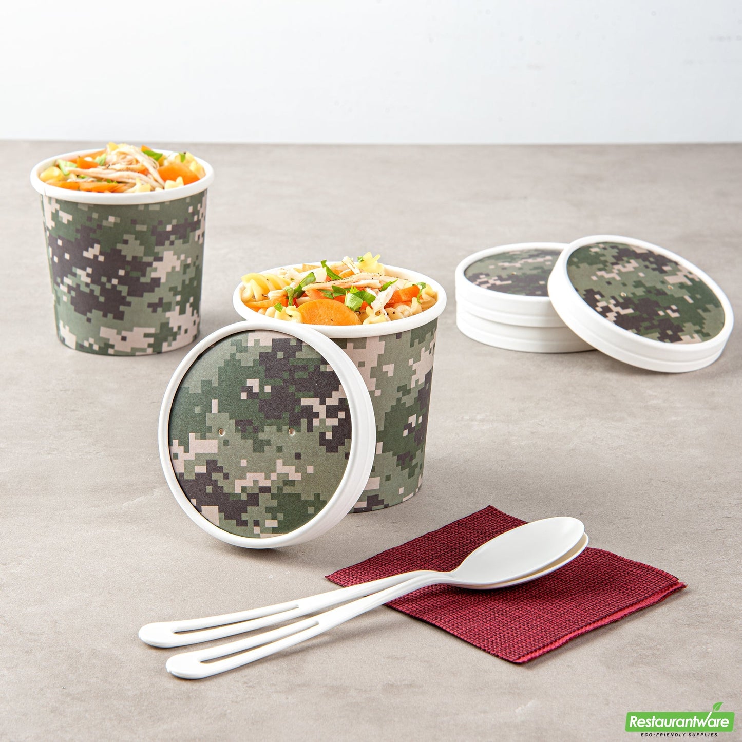Wholesale Restaurantware Bio Tek Round Camouflage Paper Soup Container Lid - Fits 12 oz- Bulk