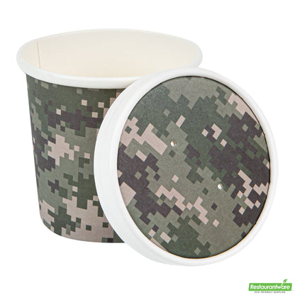 Wholesale Restaurantware Bio Tek Round Camouflage Paper Soup Container Lid - Fits 12 oz- Bulk