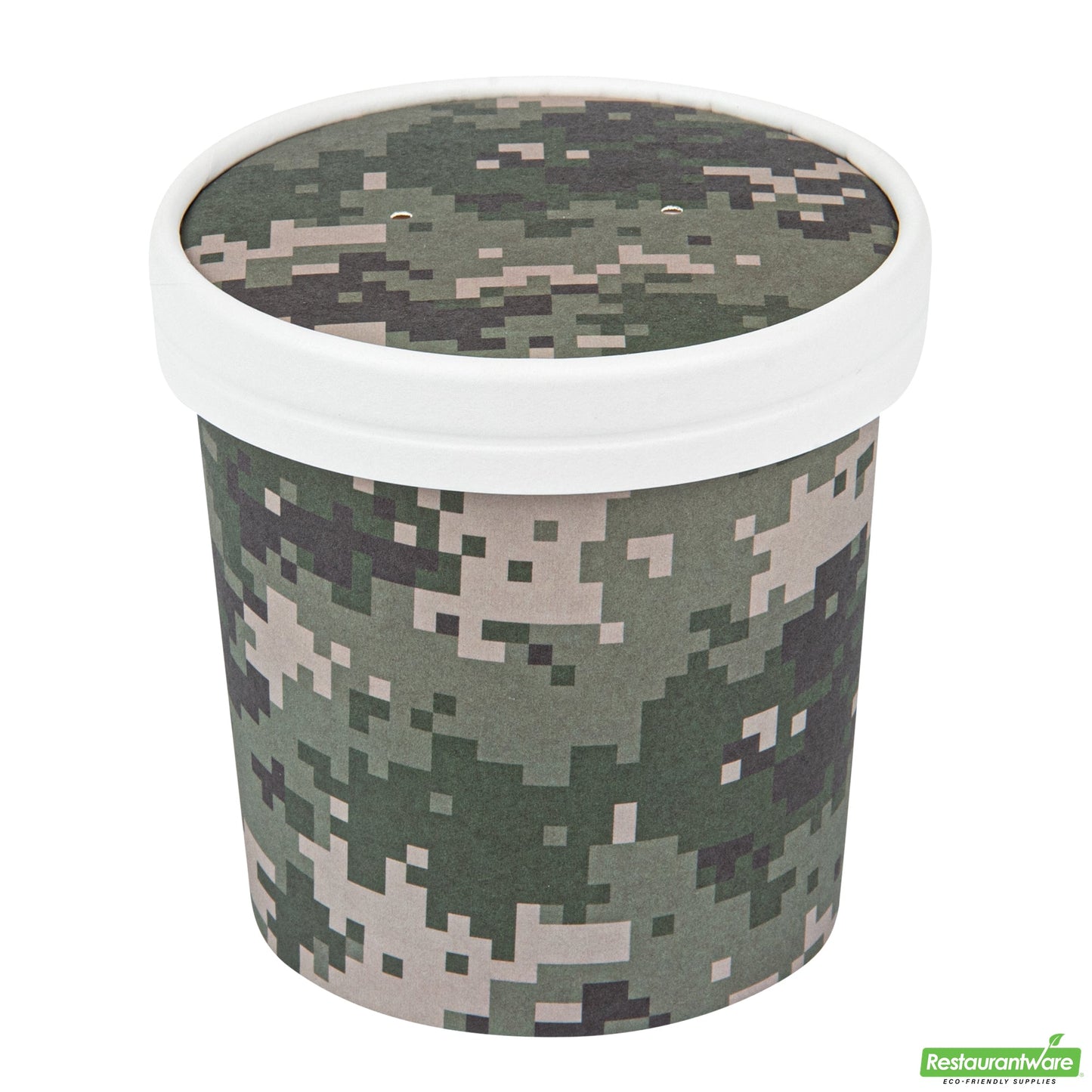Wholesale Restaurantware Bio Tek Round Camouflage Paper Soup Container Lid - Fits 12 oz- Bulk
