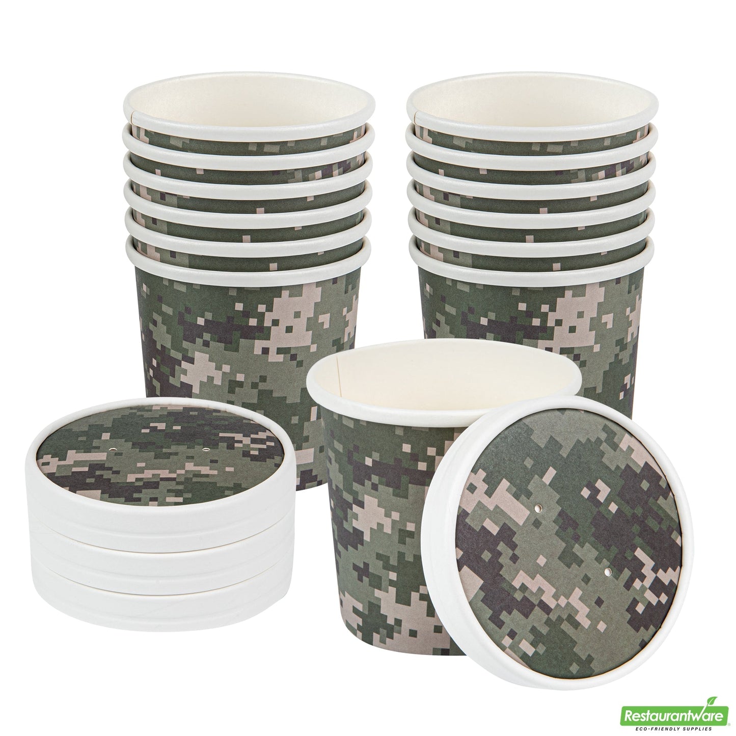 Wholesale Restaurantware Bio Tek Round Camouflage Paper Soup Container Lid - Fits 12 oz- Bulk