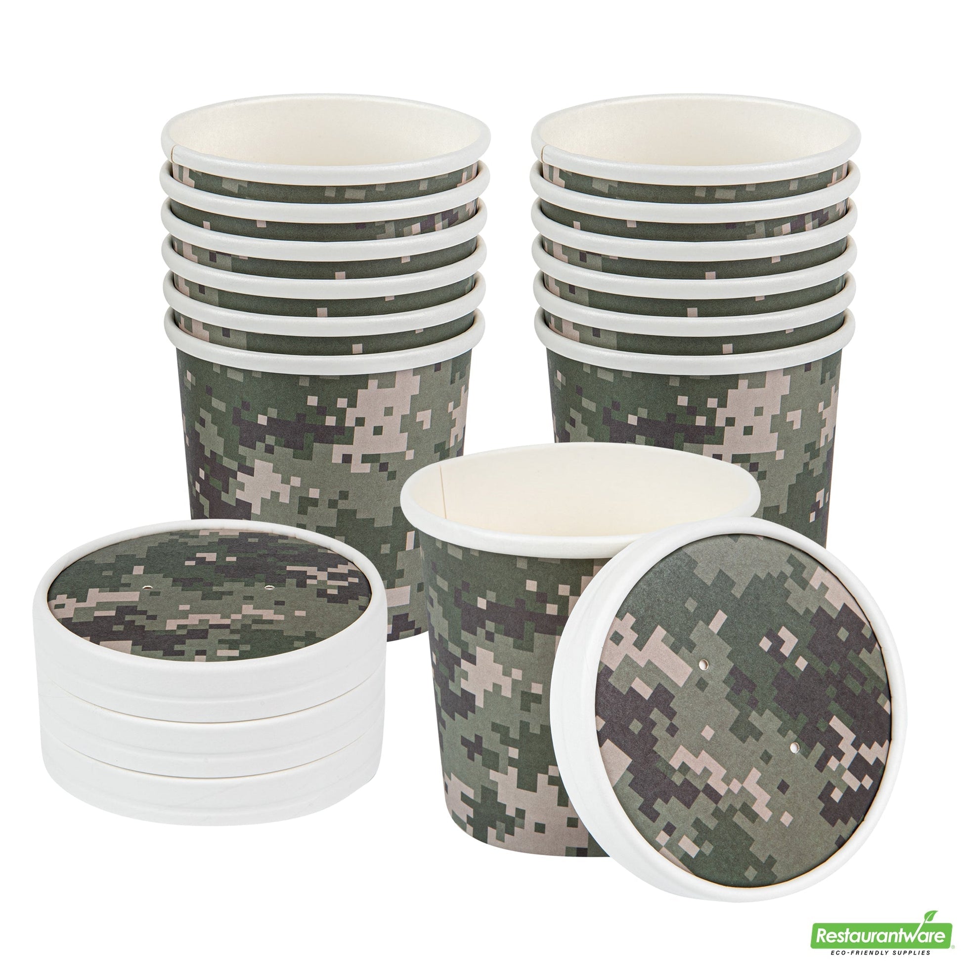 Wholesale Restaurantware Bio Tek Round Camouflage Paper Soup Container Lid - Fits 12 oz- Bulk