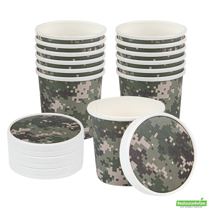 Wholesale Restaurantware Bio Tek Round Camouflage Paper Soup Container Lid - Fits 12 oz- Bulk