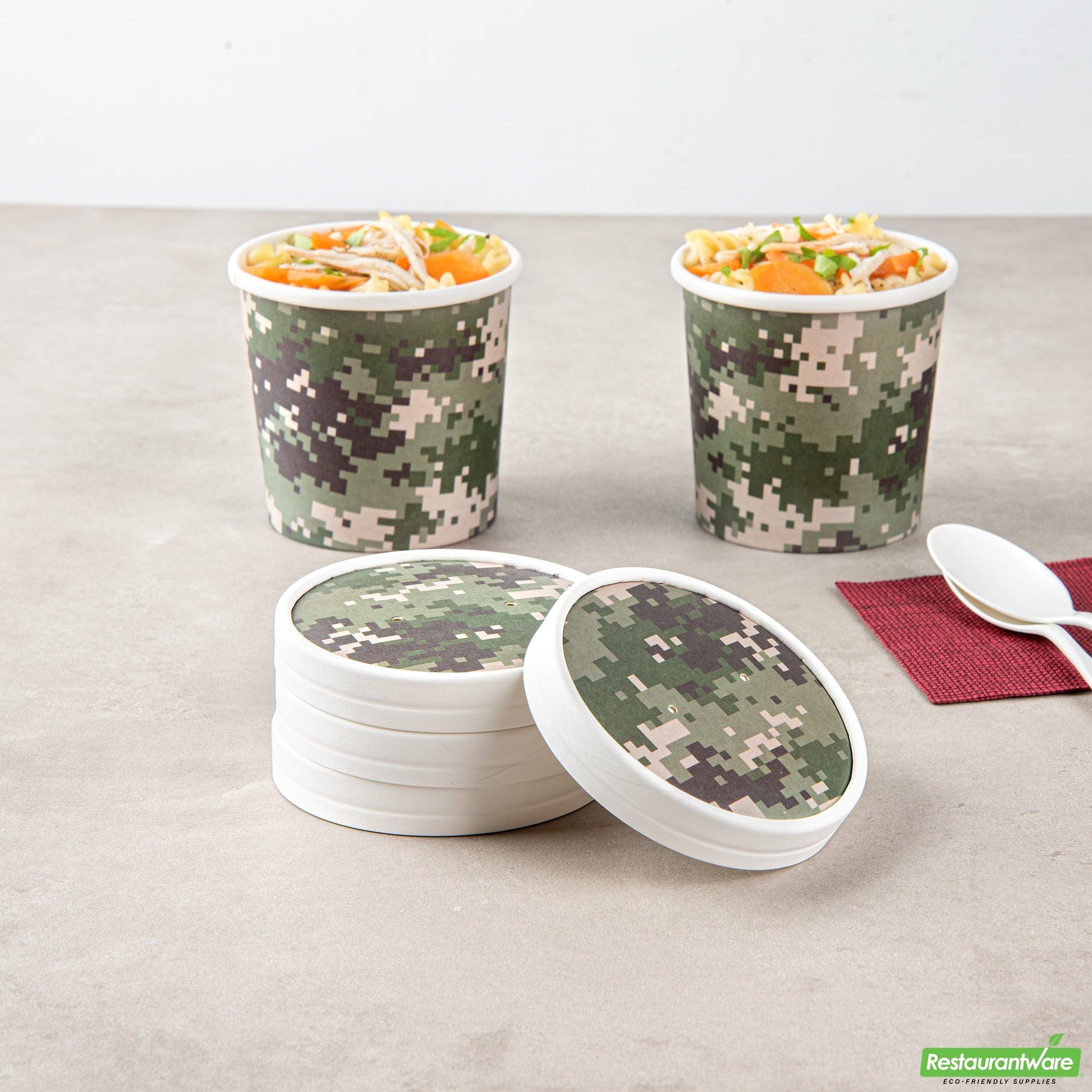 Wholesale Restaurantware Bio Tek Round Camouflage Paper Soup Container Lid - Fits 12 oz- Bulk