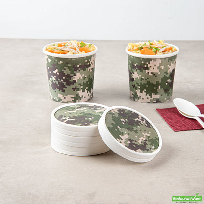 Wholesale Restaurantware Bio Tek Round Camouflage Paper Soup Container Lid - Fits 12 oz- Bulk