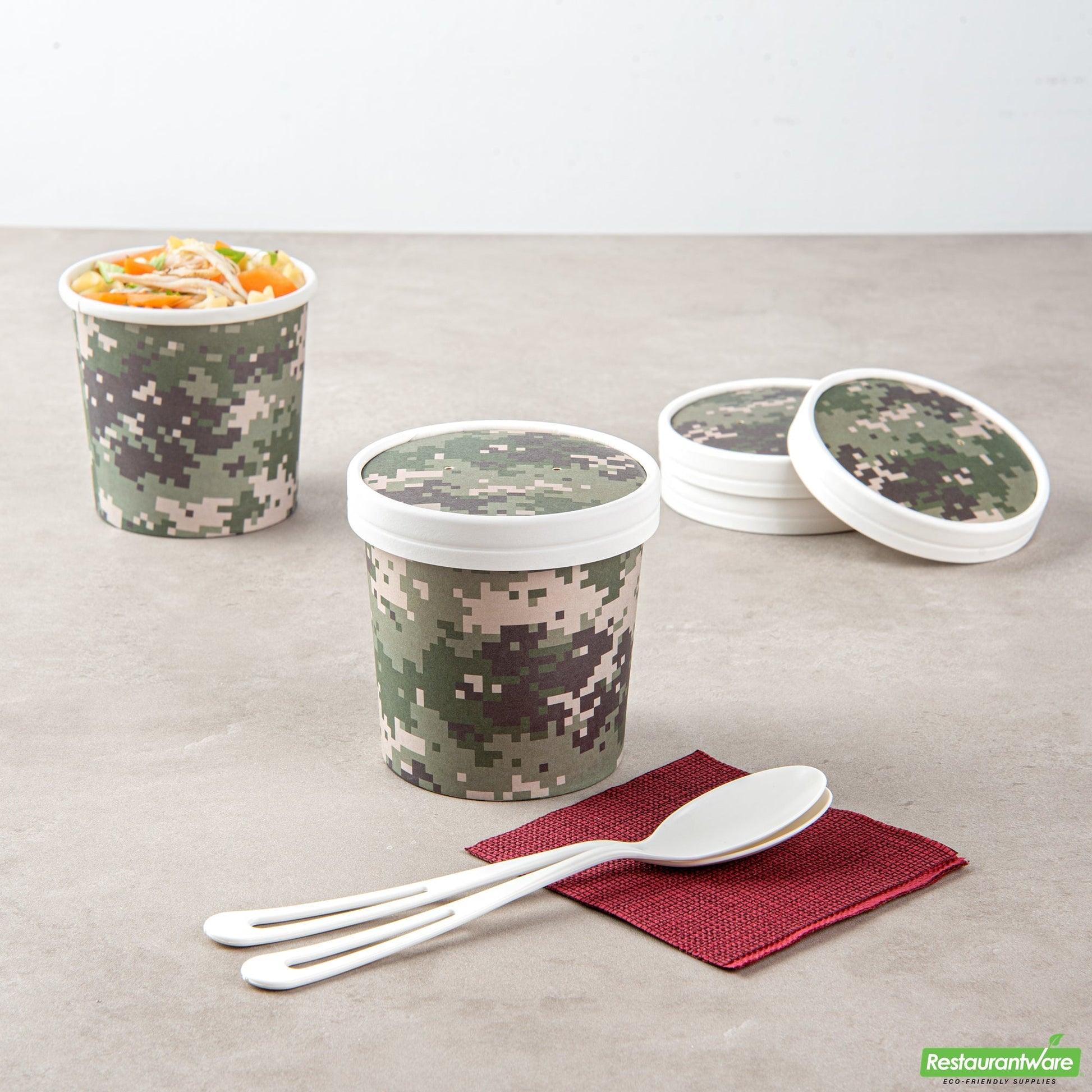 Wholesale Restaurantware Bio Tek Round Camouflage Paper Soup Container Lid - Fits 12 oz- Bulk