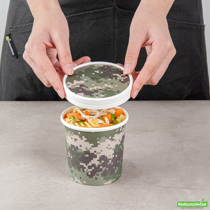 Wholesale Restaurantware Bio Tek Round Camouflage Paper Soup Container Lid - Fits 12 oz- Bulk