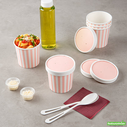 Wholesale Restaurantware Bio Tek Round Pink and White Stripe Paper Soup Container Lid - Fits 12 oz- Bulk
