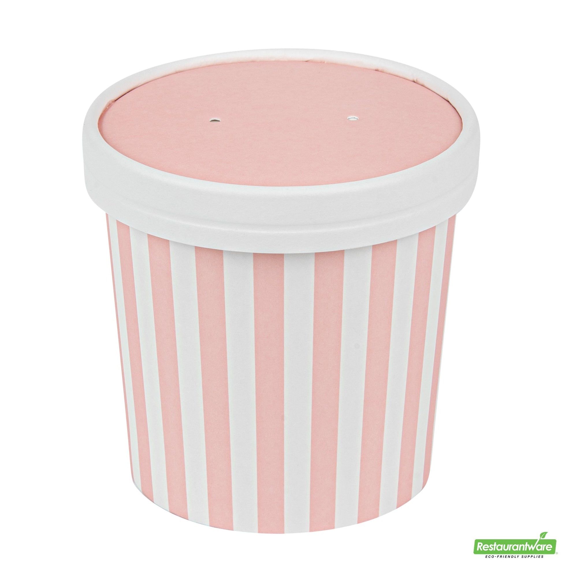 Wholesale Restaurantware Bio Tek Round Pink and White Stripe Paper Soup Container Lid - Fits 12 oz- Bulk