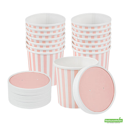 Wholesale Restaurantware Bio Tek Round Pink and White Stripe Paper Soup Container Lid - Fits 12 oz- Bulk