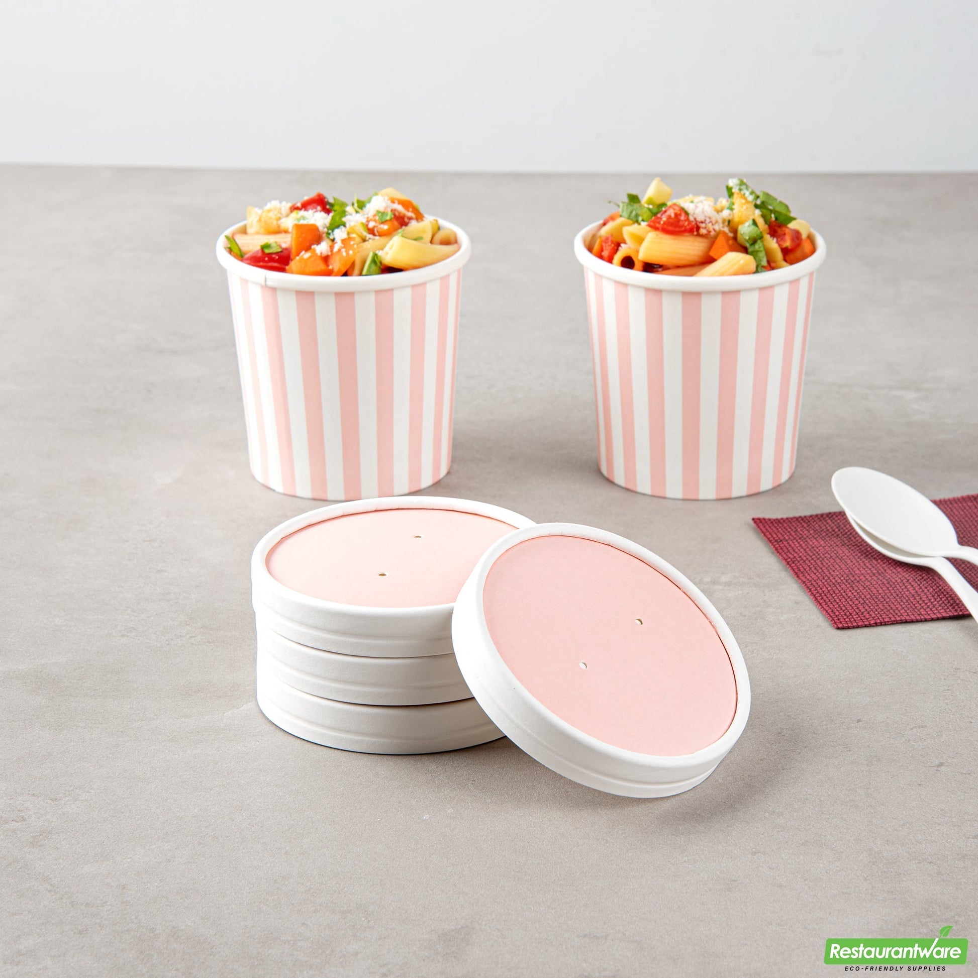 Wholesale Restaurantware Bio Tek Round Pink and White Stripe Paper Soup Container Lid - Fits 12 oz- Bulk