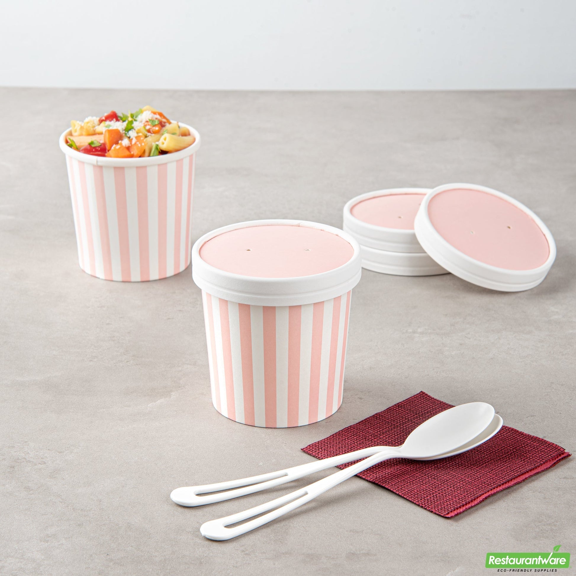 Wholesale Restaurantware Bio Tek Round Pink and White Stripe Paper Soup Container Lid - Fits 12 oz- Bulk