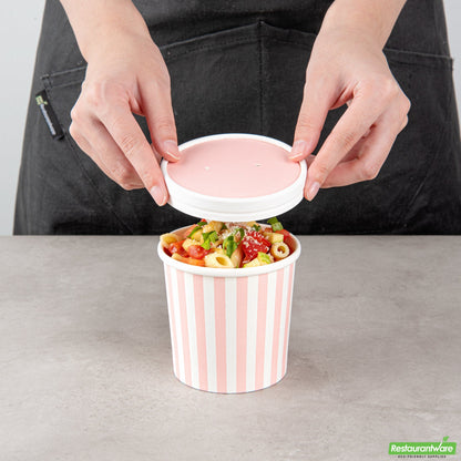 Wholesale Restaurantware Bio Tek Round Pink and White Stripe Paper Soup Container Lid - Fits 12 oz- Bulk