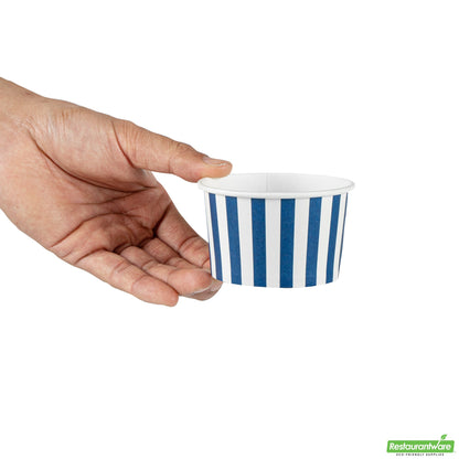 Wholesale Restaurantware 5 Oz Round Blue and White Stripe Paper to Go Cup - 3.3" X 3.3" X 1.9"- Bulk