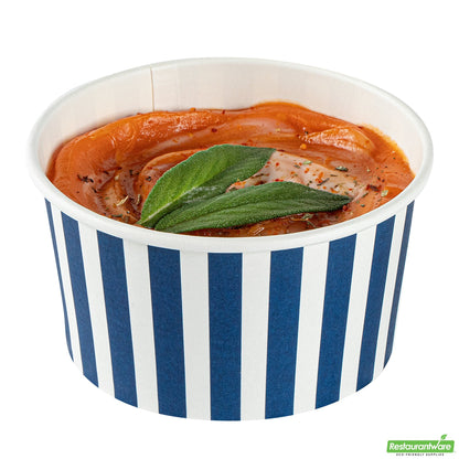 Wholesale Restaurantware 8 Oz Round Blue and White Stripe Paper to Go Cup - 3.7" X 3.7" X 2.2"- Bulk