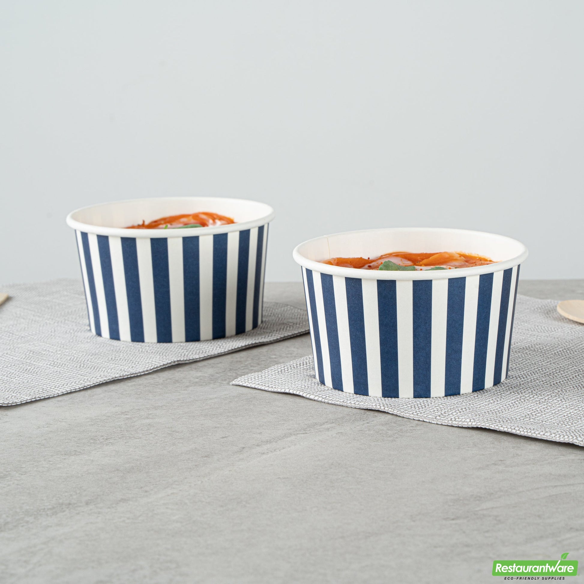 Wholesale Restaurantware 8 Oz Round Blue and White Stripe Paper to Go Cup - 3.7" X 3.7" X 2.2"- Bulk