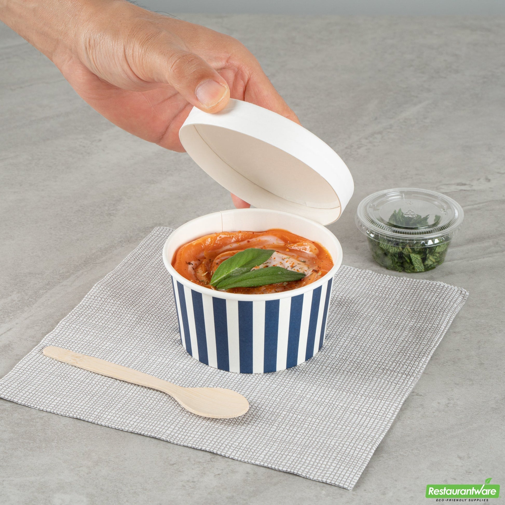 Wholesale Restaurantware 8 Oz Round Blue and White Stripe Paper to Go Cup - 3.7" X 3.7" X 2.2"- Bulk