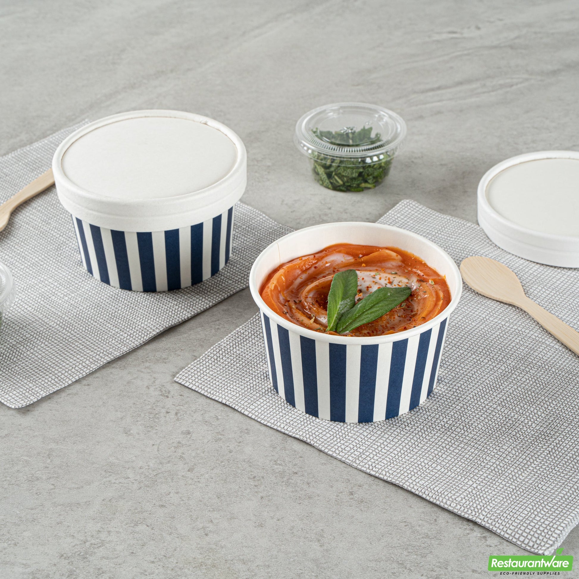 Wholesale Restaurantware 8 Oz Round Blue and White Stripe Paper to Go Cup - 3.7" X 3.7" X 2.2"- Bulk
