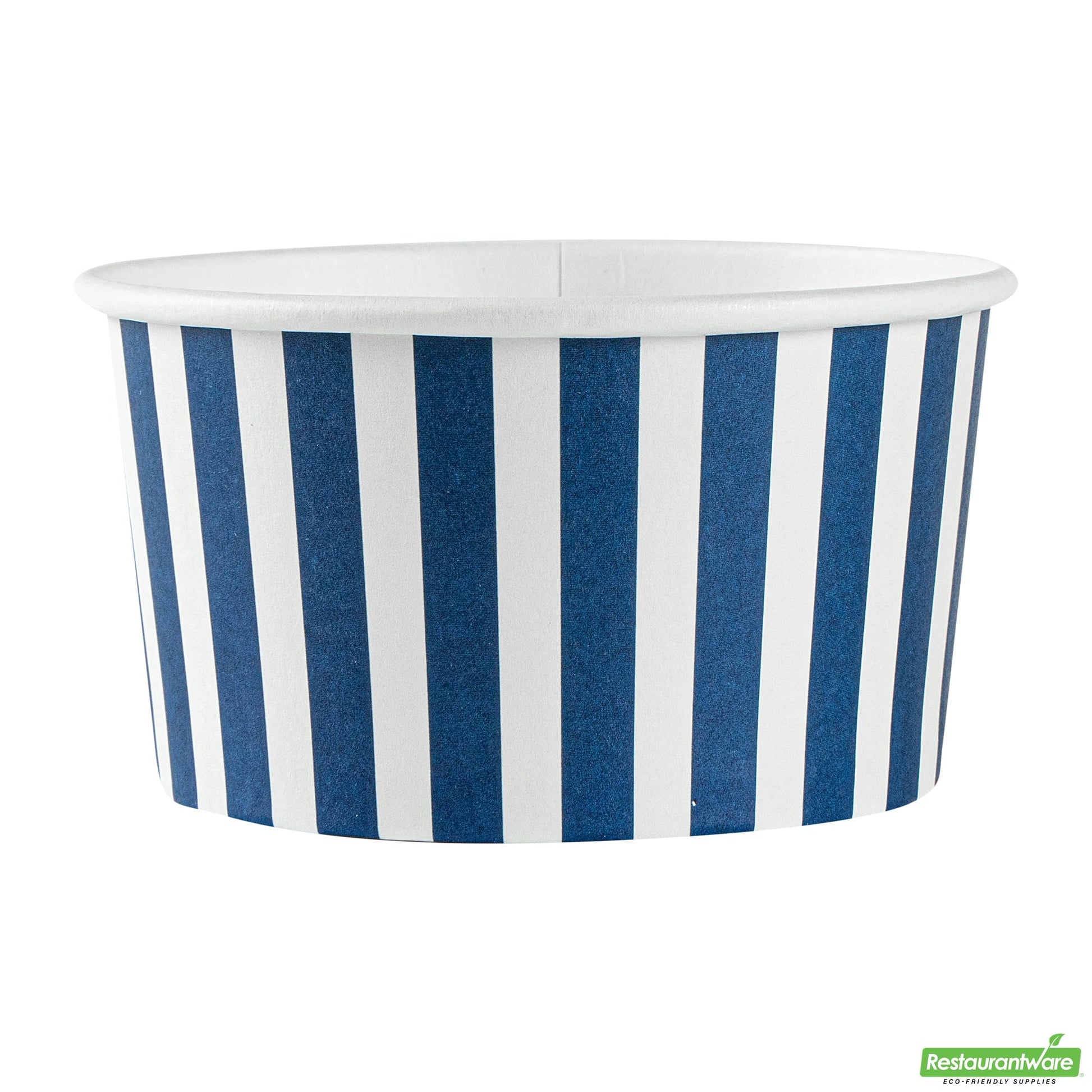 Wholesale Restaurantware 8 Oz Round Blue and White Stripe Paper to Go Cup - 3.7" X 3.7" X 2.2"- Bulk