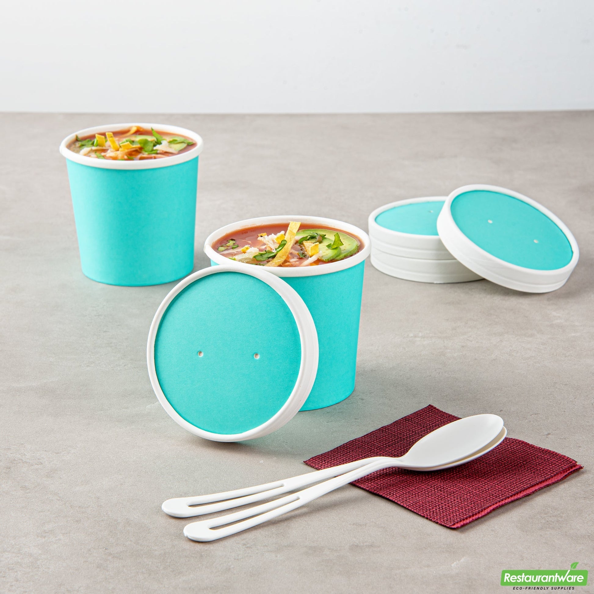 Wholesale Restaurantware Bio Tek Round Turquoise Paper Soup Container Lid - Fits 12 oz- Bulk