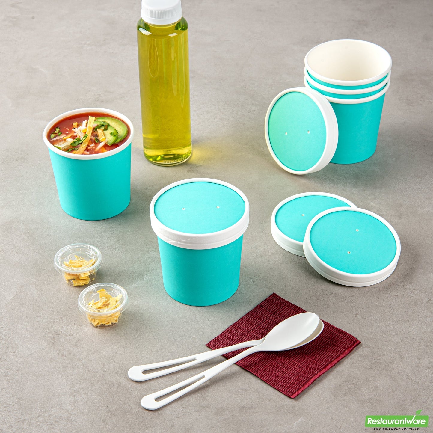 Wholesale Restaurantware Bio Tek Round Turquoise Paper Soup Container Lid - Fits 12 oz- Bulk
