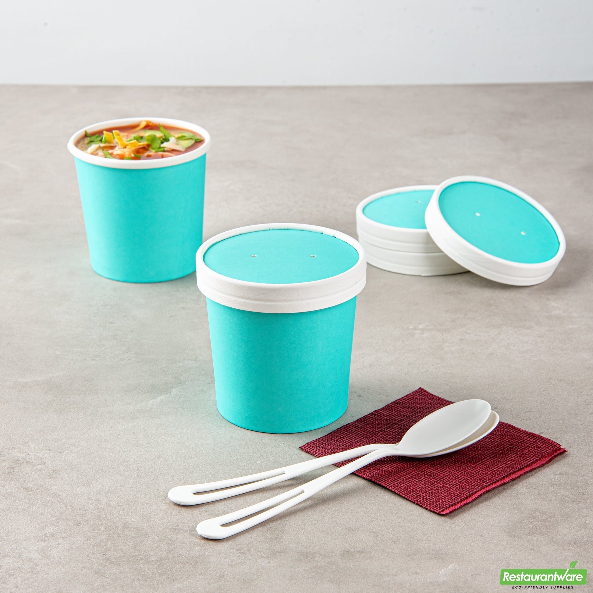 Wholesale Restaurantware Bio Tek Round Turquoise Paper Soup Container Lid - Fits 12 oz- Bulk