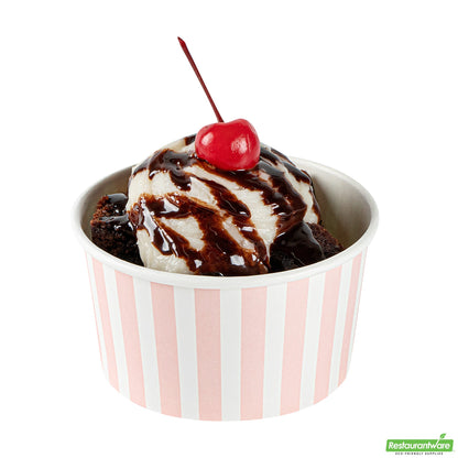 Wholesale Restaurantware 8 Oz Round Pink and White Stripe Paper to Go Cup - 3.7" X 3.7" X 2.2"- Bulk