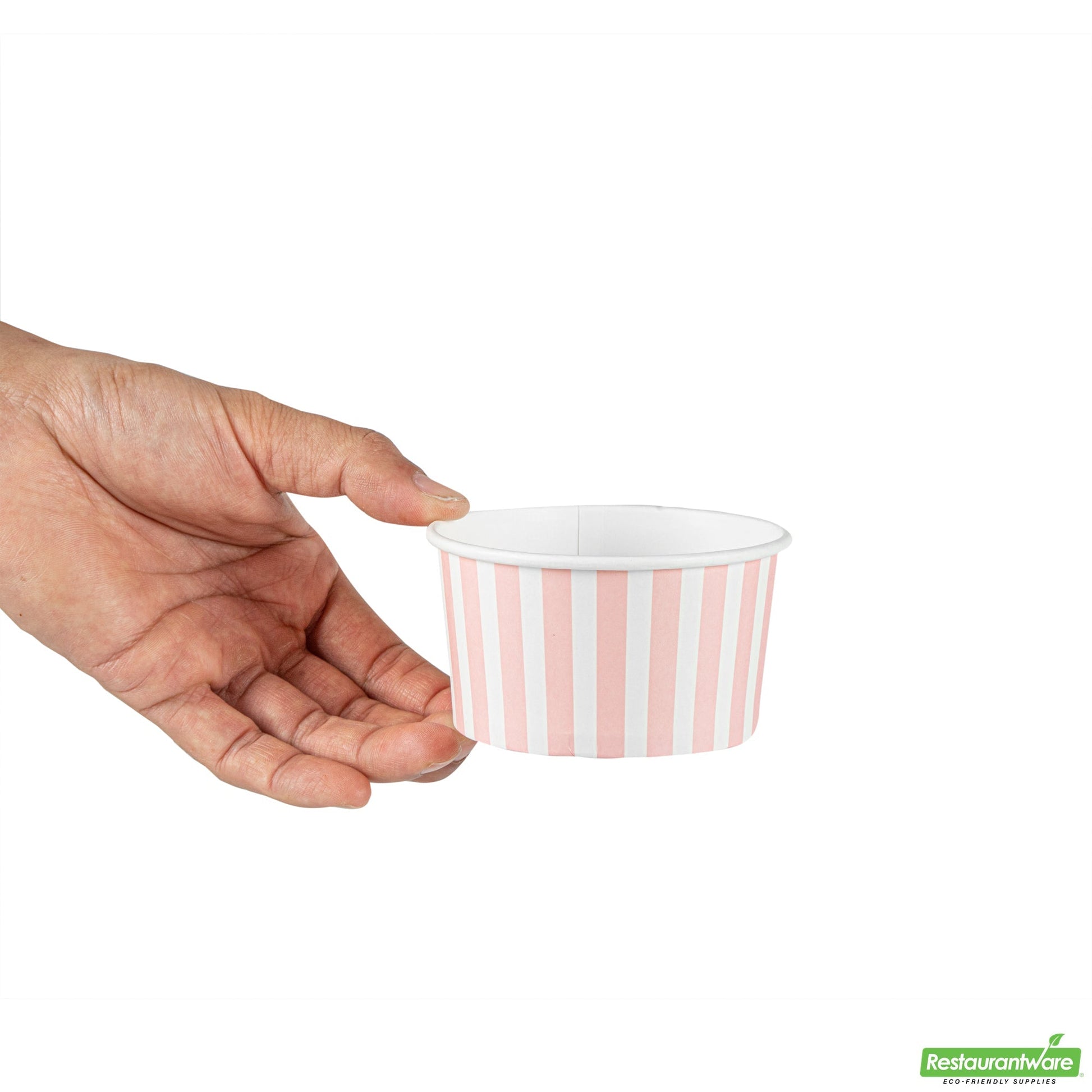 Wholesale Restaurantware 8 Oz Round Pink and White Stripe Paper to Go Cup - 3.7" X 3.7" X 2.2"- Bulk
