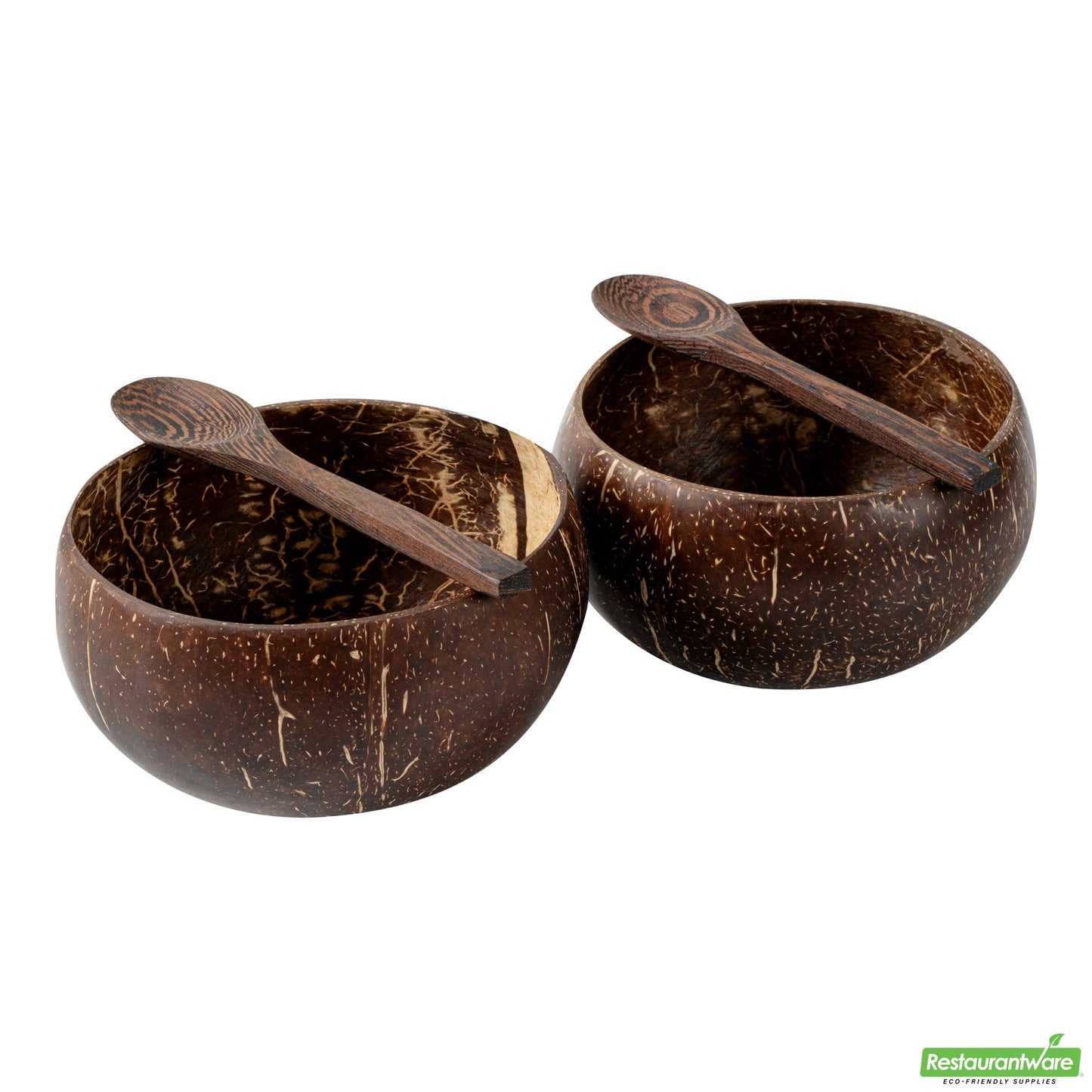 Wholesale Restaurantware Coco Casa 4-Piece Handmade Coconut Bowl and Wooden Spoon Set- Bulk