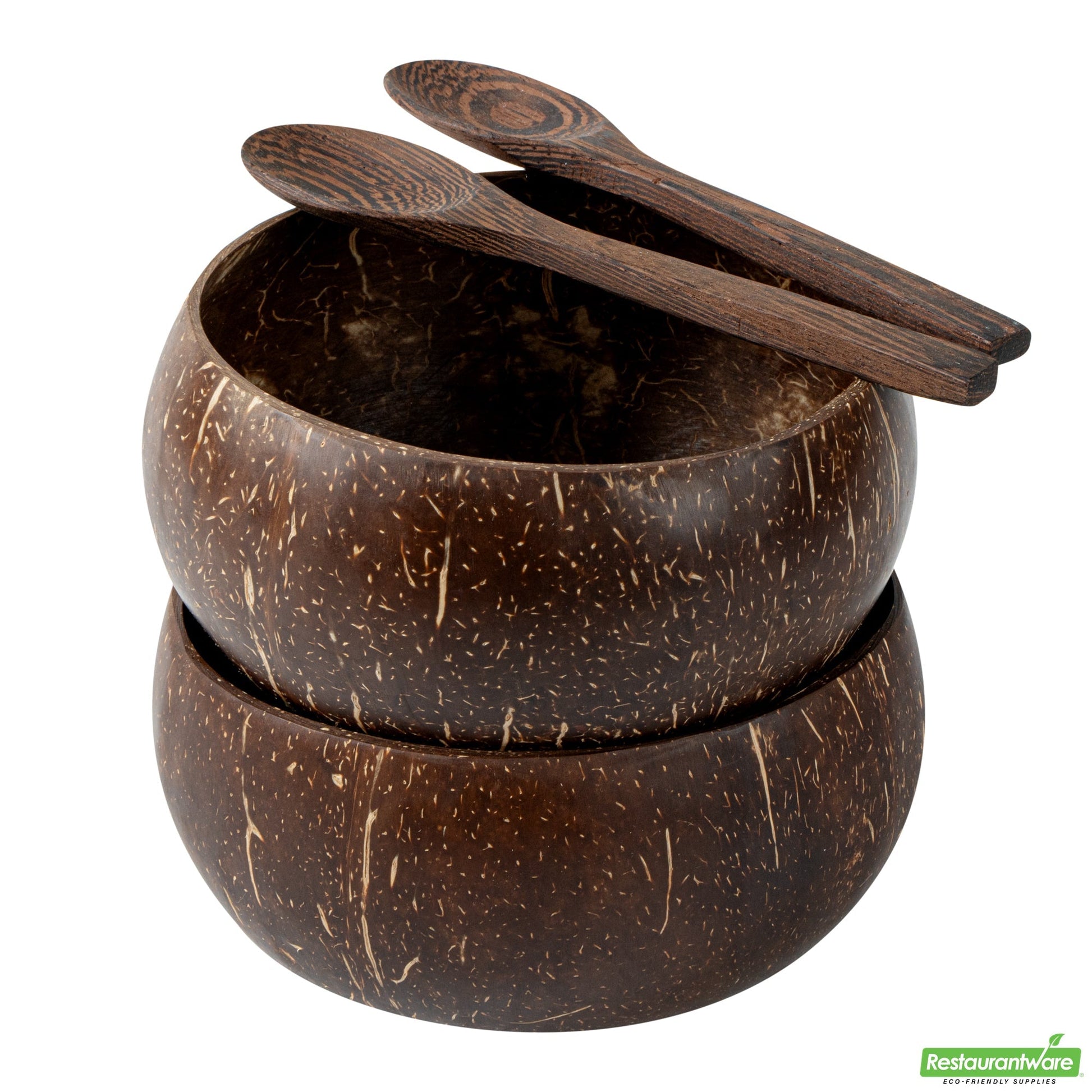 Wholesale Restaurantware Coco Casa 4-Piece Handmade Coconut Bowl and Wooden Spoon Set- Bulk