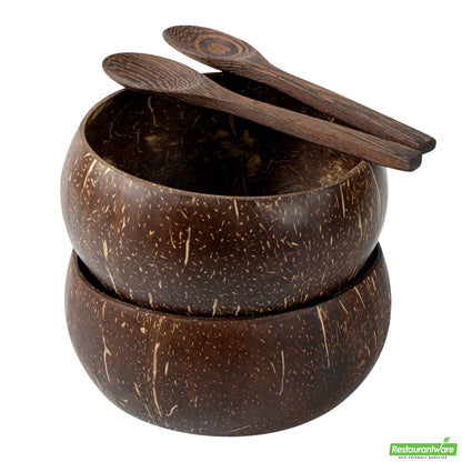 Wholesale Restaurantware Coco Casa 4-Piece Handmade Coconut Bowl and Wooden Spoon Set- Bulk